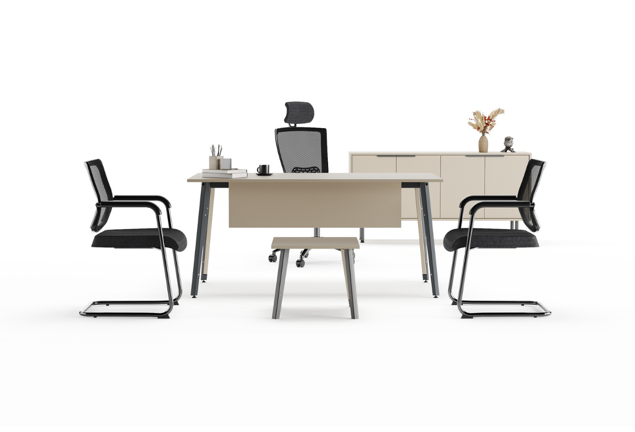 bej renk ofis calısma masası takimi on gorseli